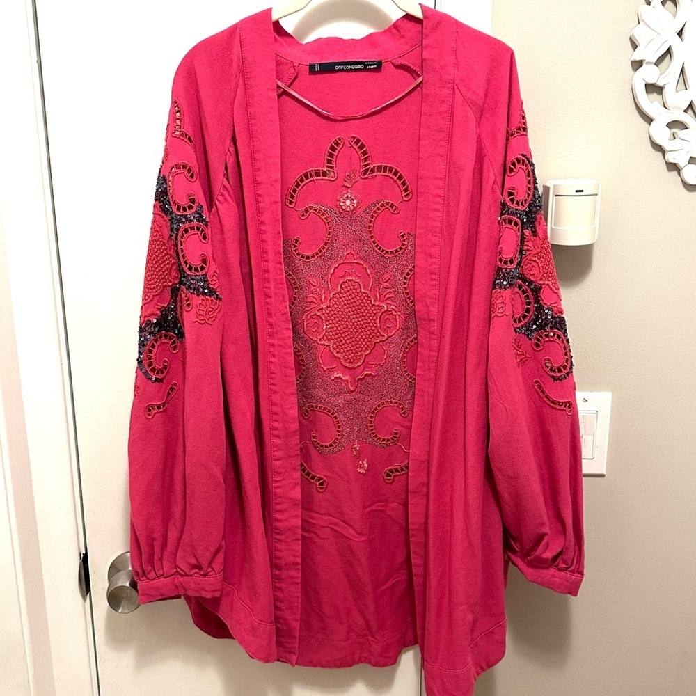 Orfeonegro Studio Oversized Sequin Embroidered Open Cardigan Top Pink XXL - Picture 2 of 9